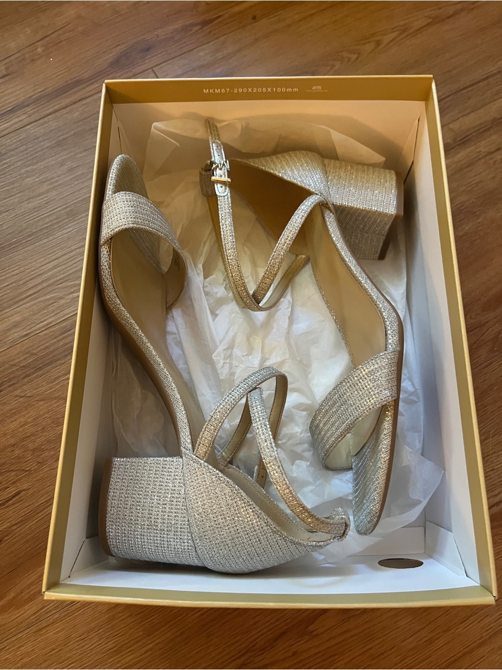 MICHAEL Michael Kors Silver Glitter Block Heel
Ankle Strap Sandals